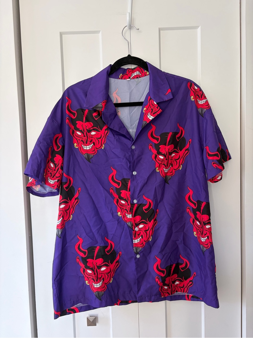 Purple Short-Sleeve Shirt with Red Devil Print